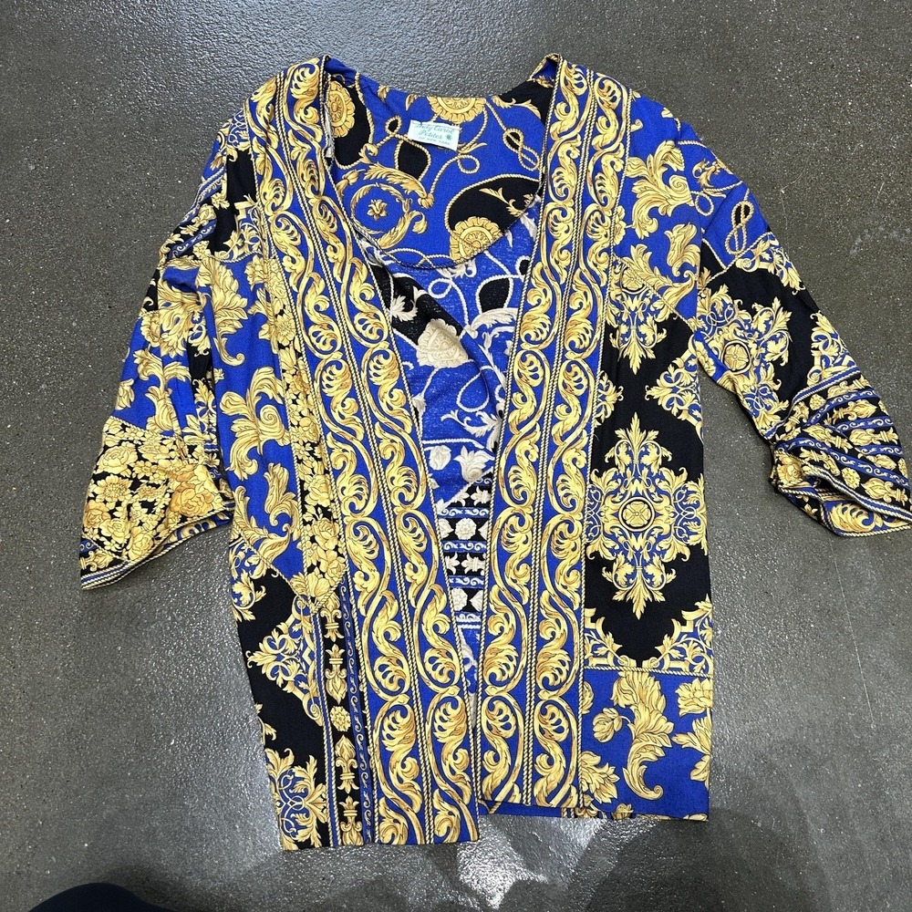 Vintage Lady Carol Petites Jacket Womens‎ Petite Medium Blue Gold Baroque 90s
